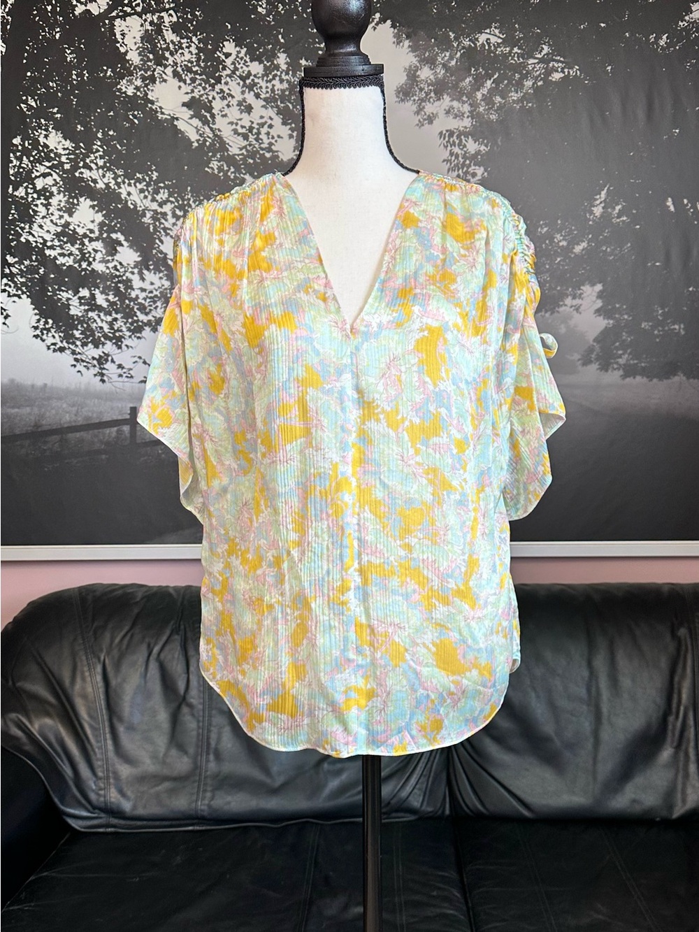 Vince SILK Pastel Floral Flutter Sleeve Blouse